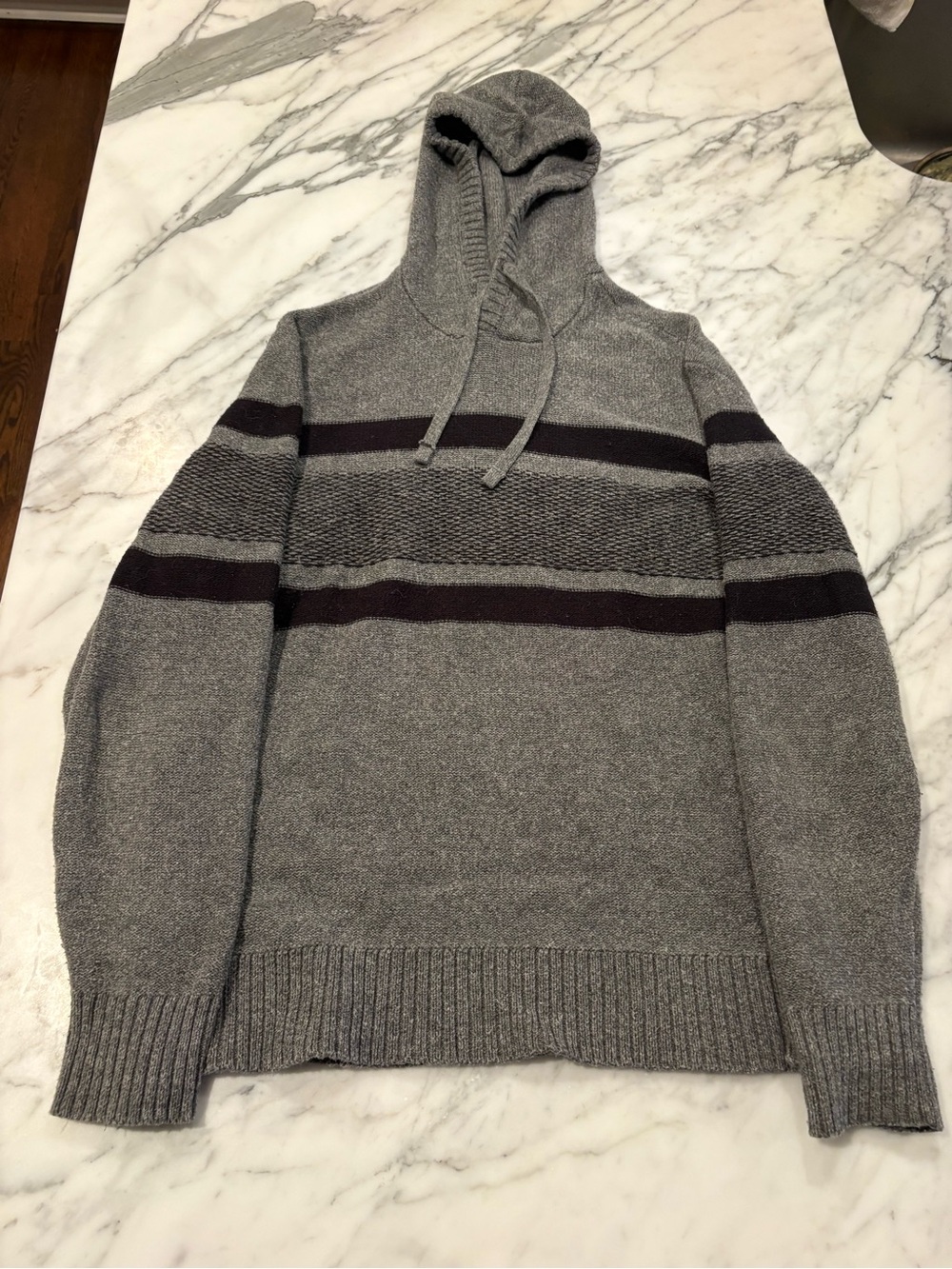 American Eagle Men's Grey Hooded Knit Sweater with Dark Stripe